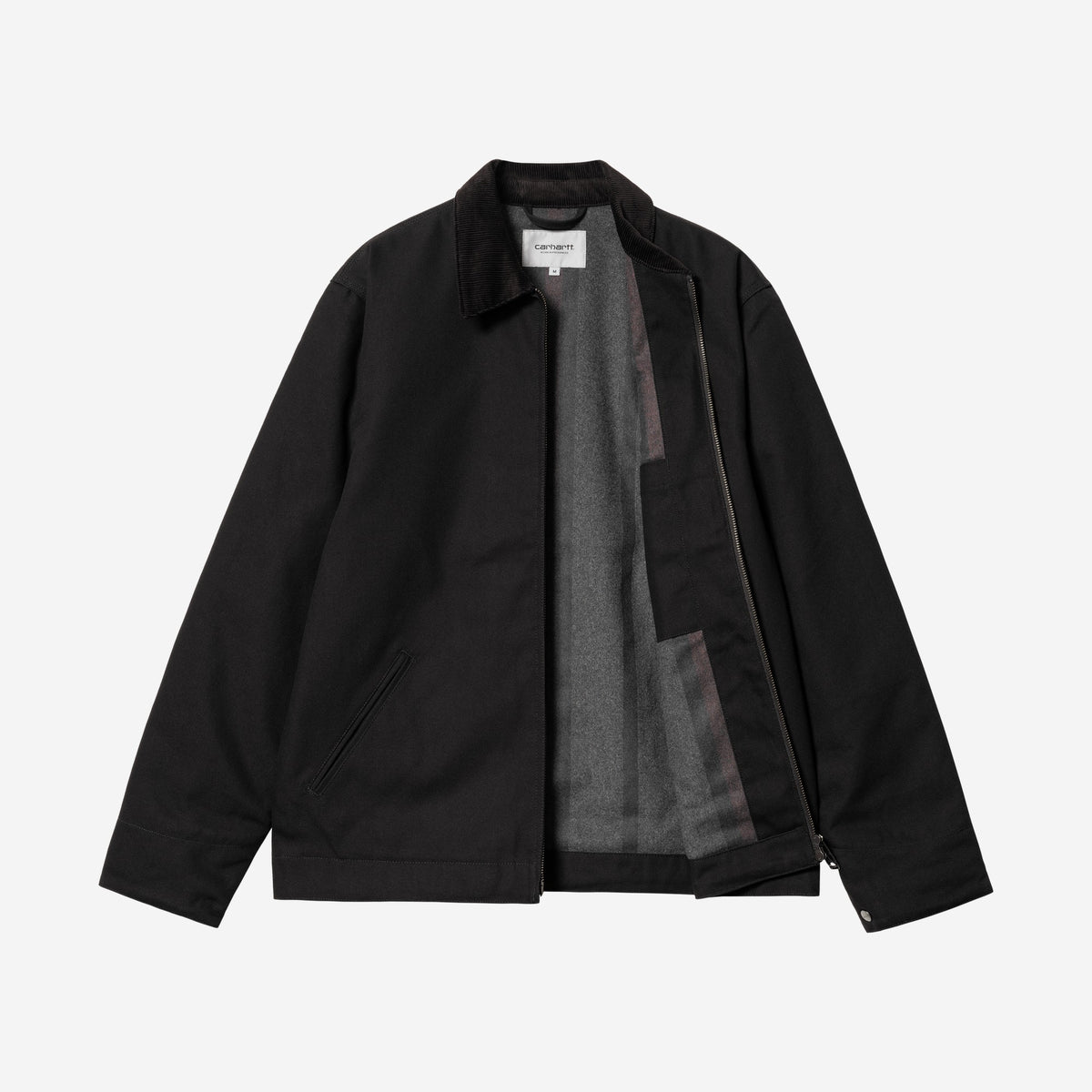Carhartt WIP Detroit Jacket Black/Black, à plat, ouverte sur la doublure