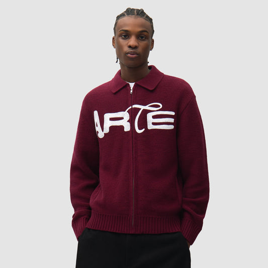 Arte Antwerp Stencil Zip Cardigan Bordeaux, porté de face