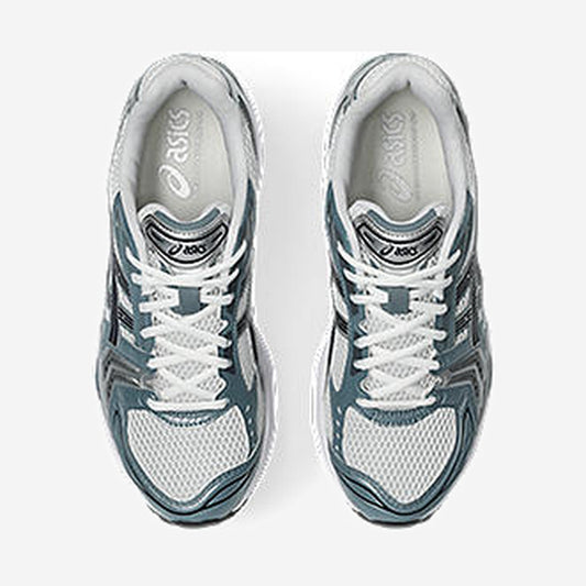 Asics GEL-Kayano 14 White Fjord Grey vue de profil, résille blanche et gris fjord légèrement bleuté