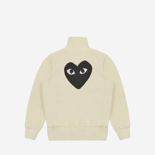 CDG Play Zip Track Jacket Black Heart Blanc cassé, vue de dos, grand cœur noir imprimé