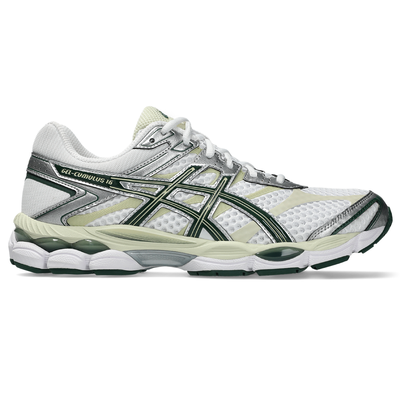 Asics GEL Cumulus 16 White / Forest Night vue de profil