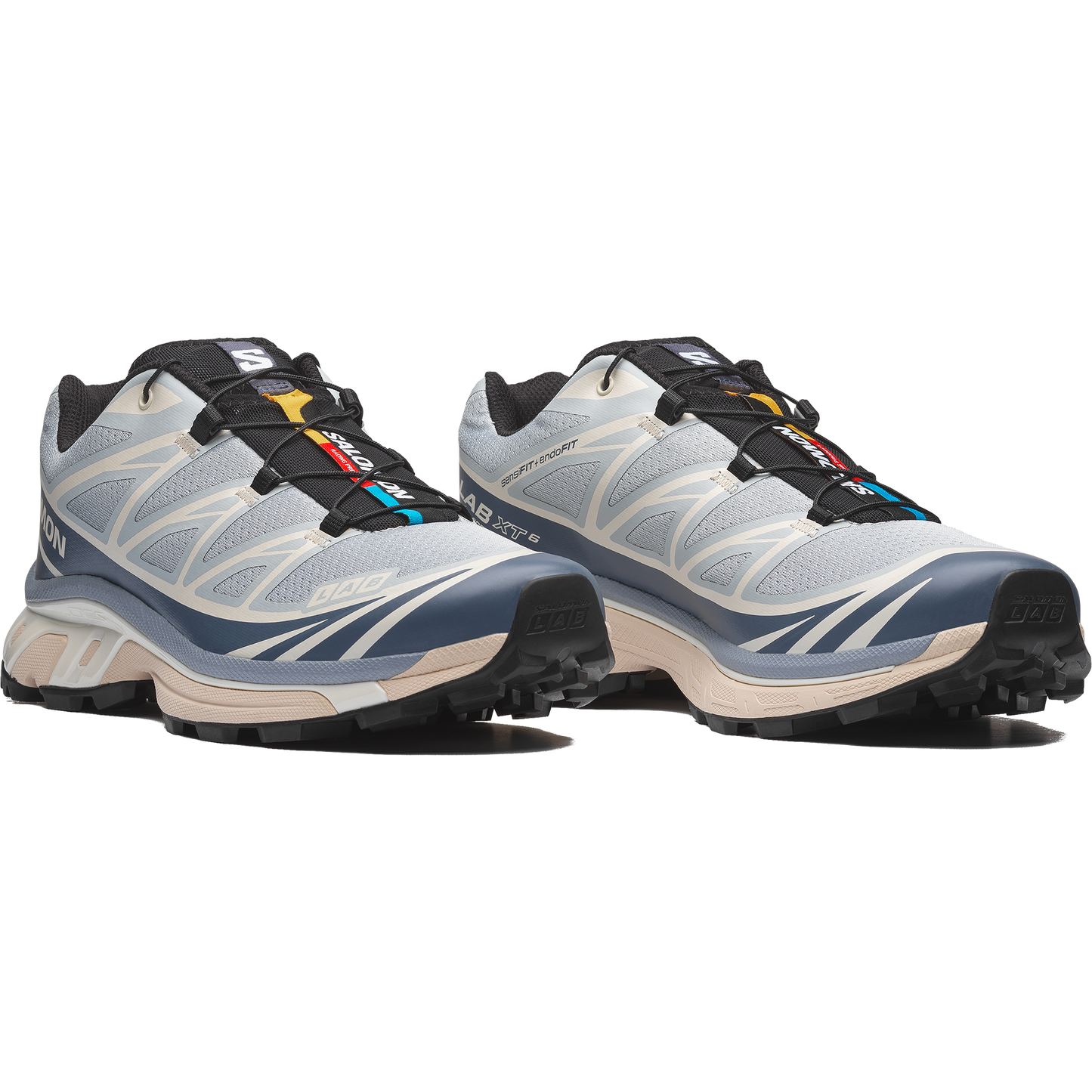 Salomon XT6 Pearl Blue Grisaille vue de biais .
