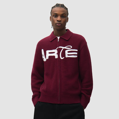 Arte Antwerp Stencil Zip Cardigan Bordeaux, porté de face