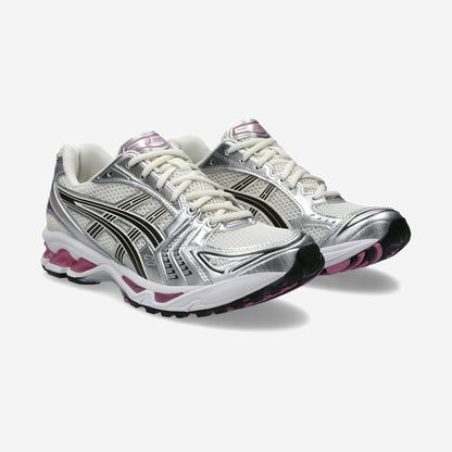 Asics GEL-Kayano 14 Cream Sweet Pink vue de profil, résille métallisée crème et accents rose