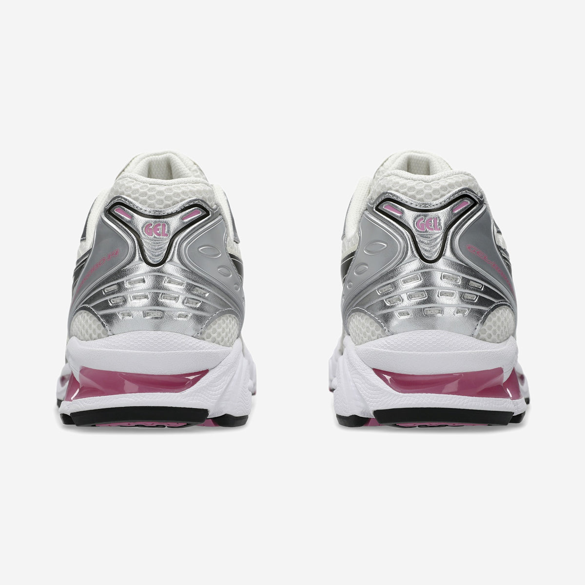 Asics GEL-Kayano 14 Cream Sweet Pink vue de détail, empiècements et logo Asics rose
