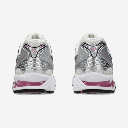 Asics GEL-Kayano 14 Cream Sweet Pink vue de détail, empiècements et logo Asics rose