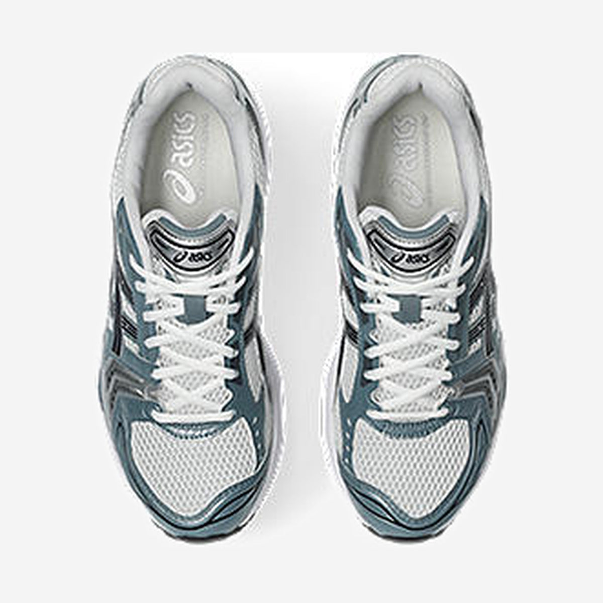 Asics GEL-Kayano 14 White Fjord Grey vue de profil, résille blanche et gris fjord légèrement bleuté