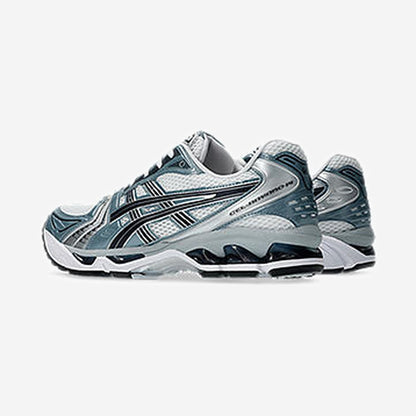 Asics GEL-Kayano 14 White Fjord Grey vue de dos, talon et système d'amorti GEL
