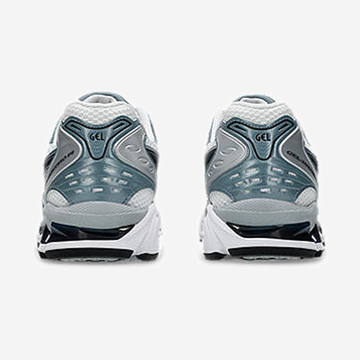 Asics GEL-Kayano 14 White Fjord Grey vue de détail, empiècements gris fjord et accents Pure Silver