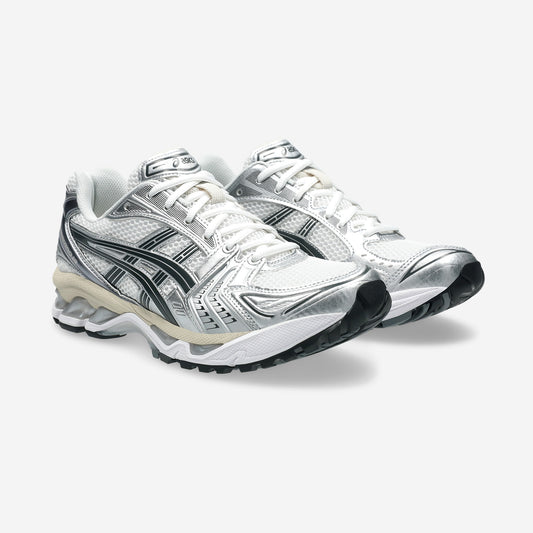 Asics GEL-Kayano 14 White Graphite Grey vue de profil, résille blanche et overlays gris graphite