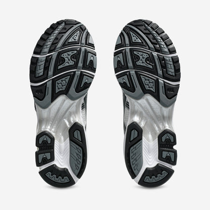 Asics GEL-Kayano 14 White Graphite Grey vue de dessus, laçage et mesh blanc