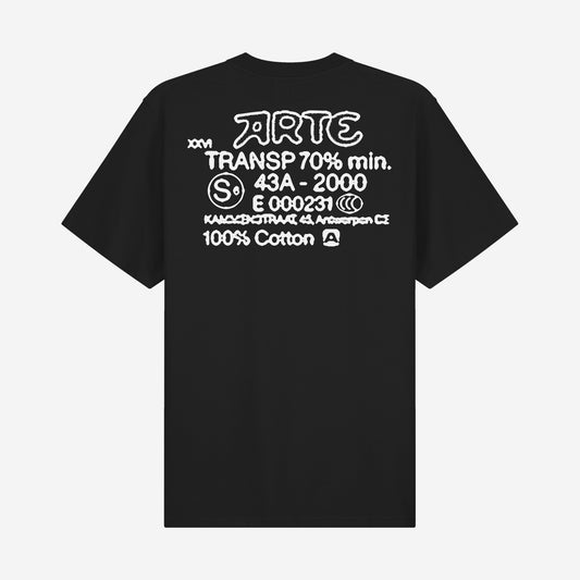 Arte Antwerp Serial Stamp T-shirt Black, t-shirt noir avec graphique ARTE façon tampon sérigraphié en blanc dans le dos