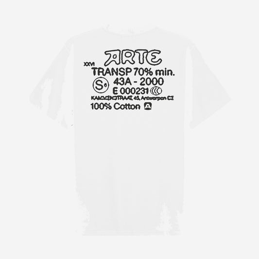 Arte Antwerp Serial Stamp T-shirt White, t-shirt blanc avec graphique ARTE façon tampon sérigraphié en noir dans le dos