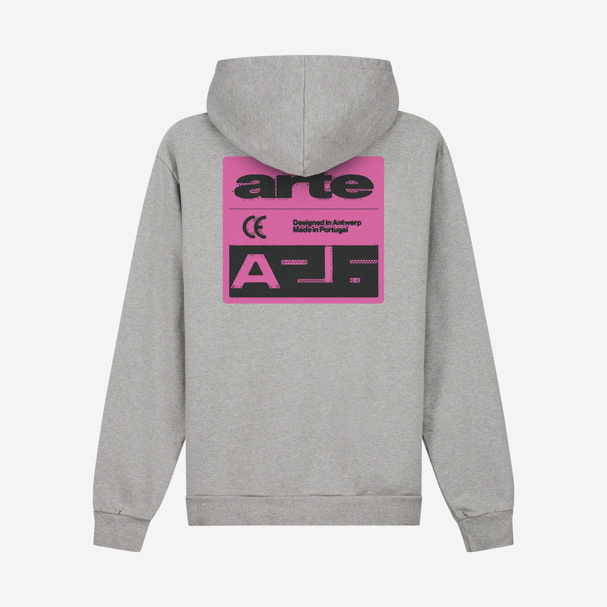 Arte Antwerp Pink Serial Hoodie Grey, sweat à capuche gris chiné avec grand imprimé rose façon étiquette dans le dos