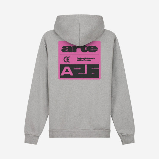 Arte Antwerp Pink Serial Hoodie Grey, sweat à capuche gris chiné avec grand imprimé rose façon étiquette dans le dos