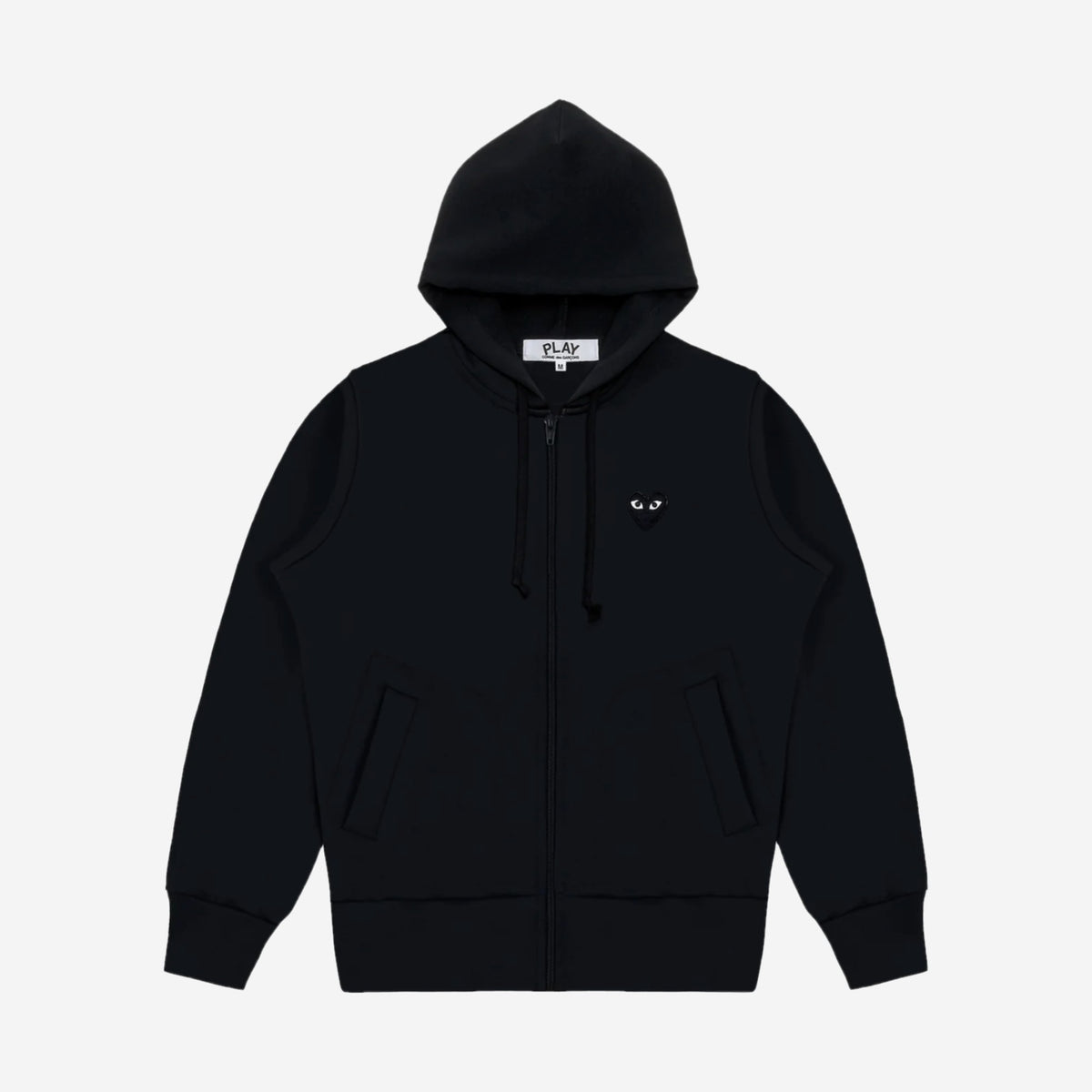 CDG Play Sweat zippé à capuche Black Heart Noir, vue de face, cœur noir brodé sur la poitrine