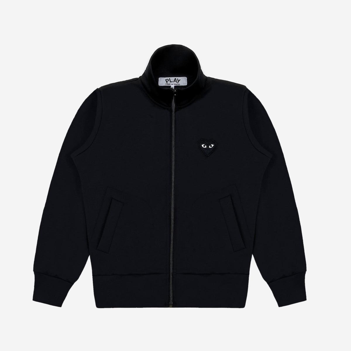 CDG Play Zip Track Jacket Black Heart Noir, vue de face, cœur noir brodé sur la poitrine