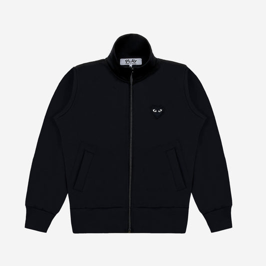 CDG Play Zip Track Jacket Black Heart Noir, vue de face, cœur noir brodé sur la poitrine
