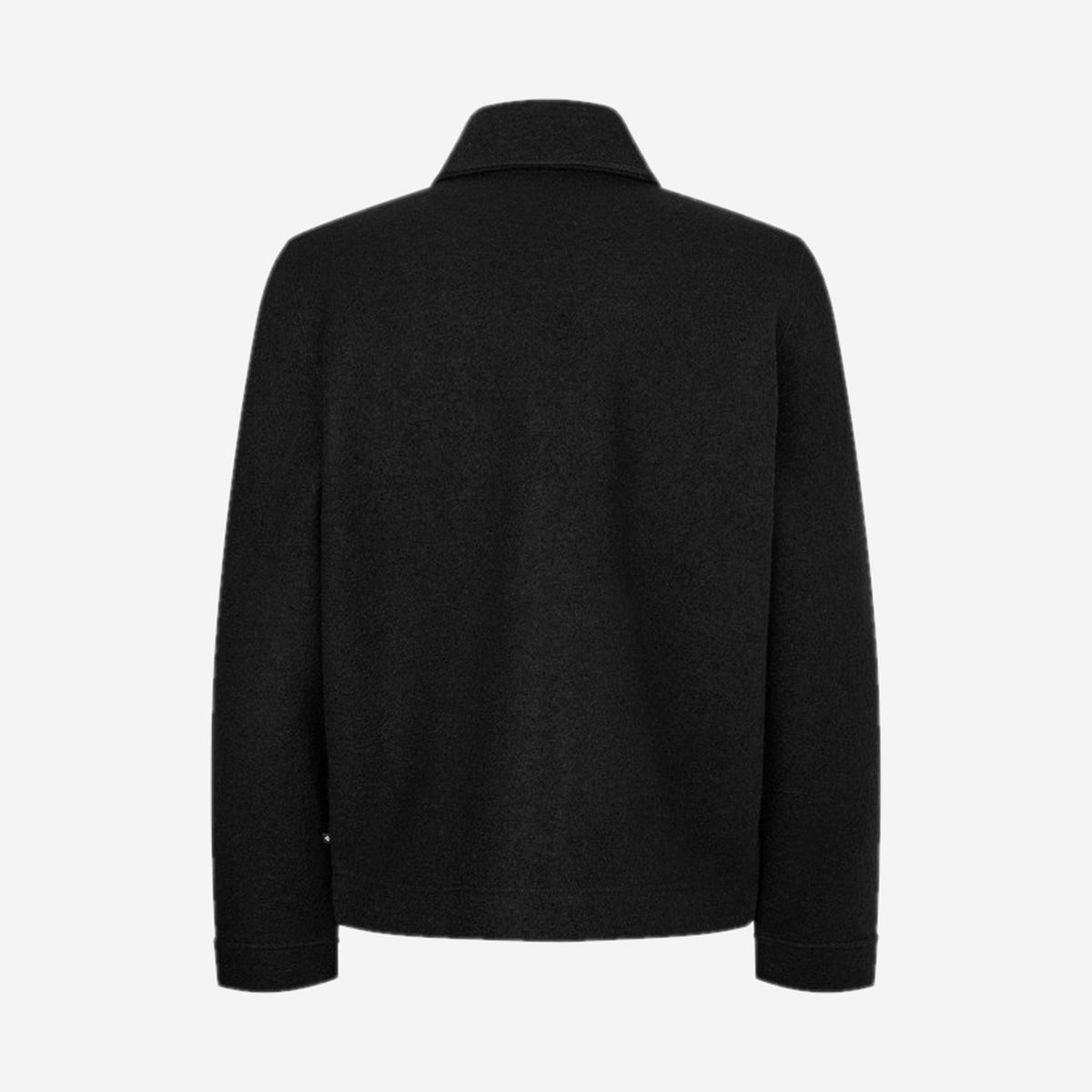 Packshot de dos de la Hannes Full Zip Black Samsøe Samsøe, veste noire 100 % laine feutrée à col pointu