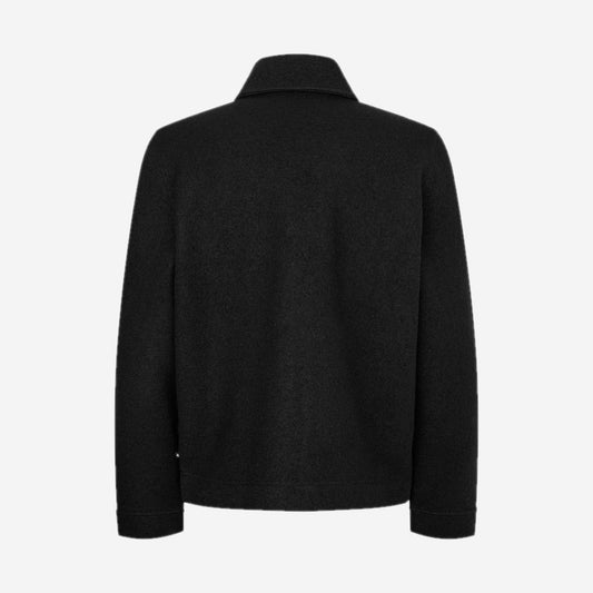 Packshot de dos de la Hannes Full Zip Black Samsøe Samsøe, veste noire 100 % laine feutrée à col pointu