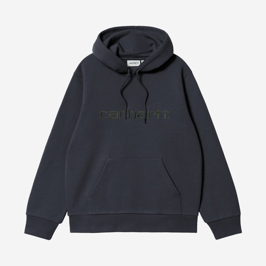 Carhartt WIP Hooded Carhartt Sweatshirt Dark Navy/Dark Scarab, à plat, vue de face
