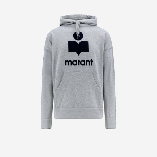 Isabel Marant Hoodie Miley Gris chiné, sweat à capuche oversize en coton gris chiné avec grand logo Marant floqué et poche kangourou