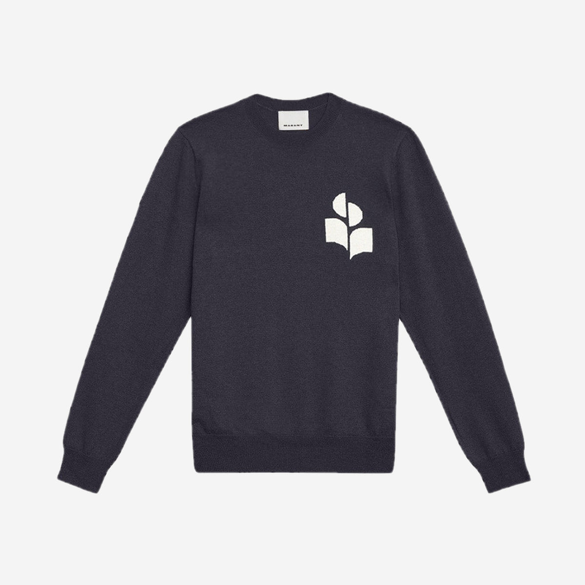 Isabel Marant Pull Evans Bleu marine, pull fin en laine et coton avec logo IM écru sur la poitrine, à plat