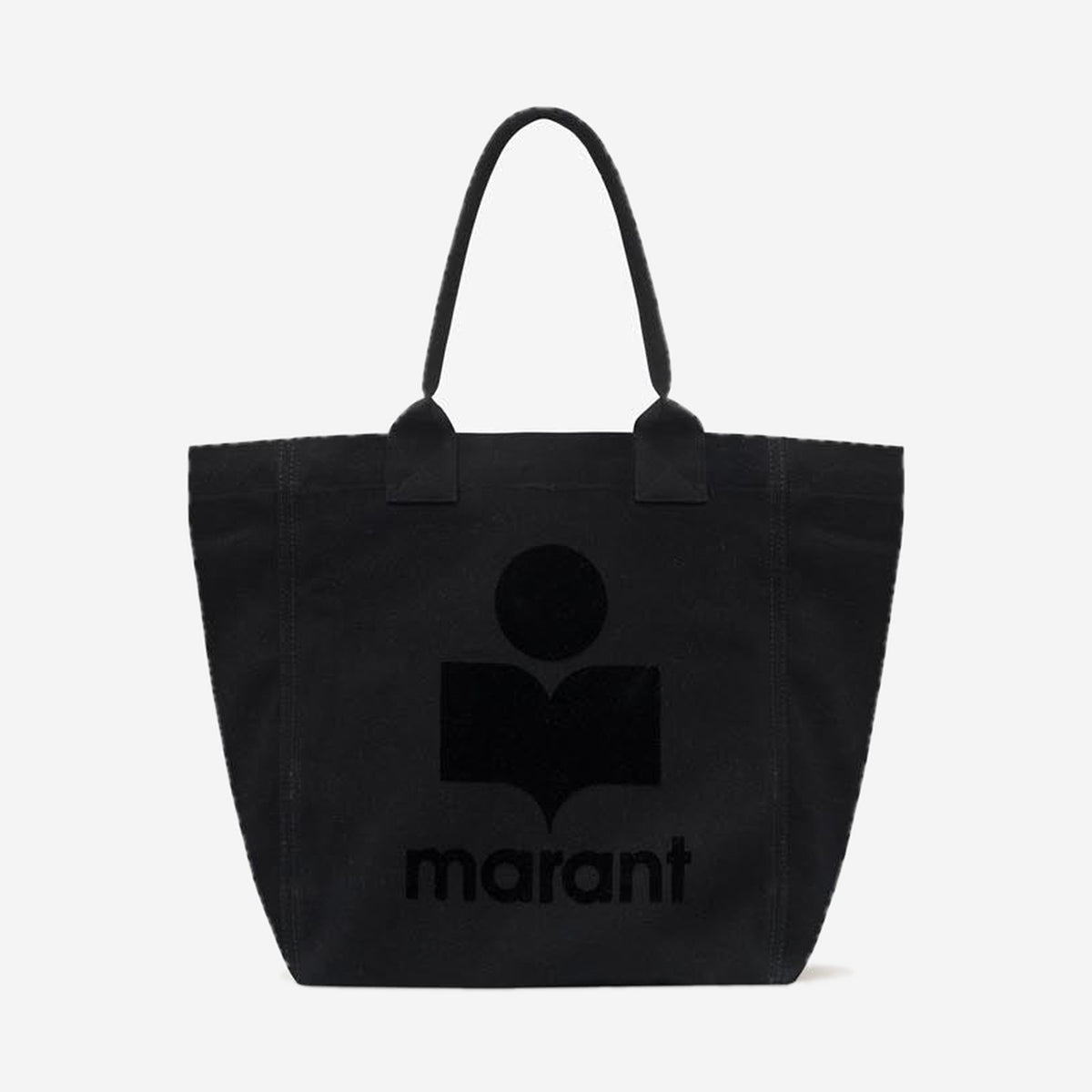 Isabel Marant Small Yenky Black, petit cabas en toile de coton noire avec logo Marant floqué ton sur ton, vue de face