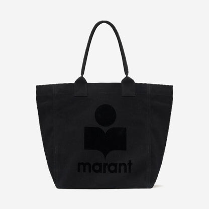 Isabel Marant Small Yenky Black, petit cabas en toile de coton noire avec logo Marant floqué ton sur ton, vue de face