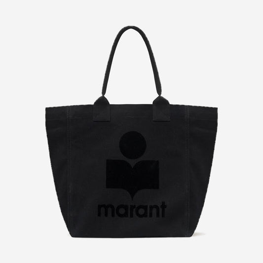 Isabel Marant Small Yenky Black, petit cabas en toile de coton noire avec logo Marant floqué ton sur ton, vue de face