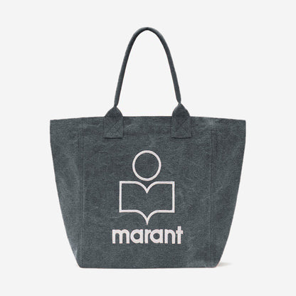 Isabel Marant Small Yenky Faded Black, petit cabas en toile de coton noir délavé avec logo Marant brodé écru, vue de face
