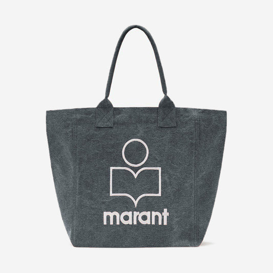 Isabel Marant Small Yenky Faded Black, petit cabas en toile de coton noir délavé avec logo Marant brodé écru, vue de face