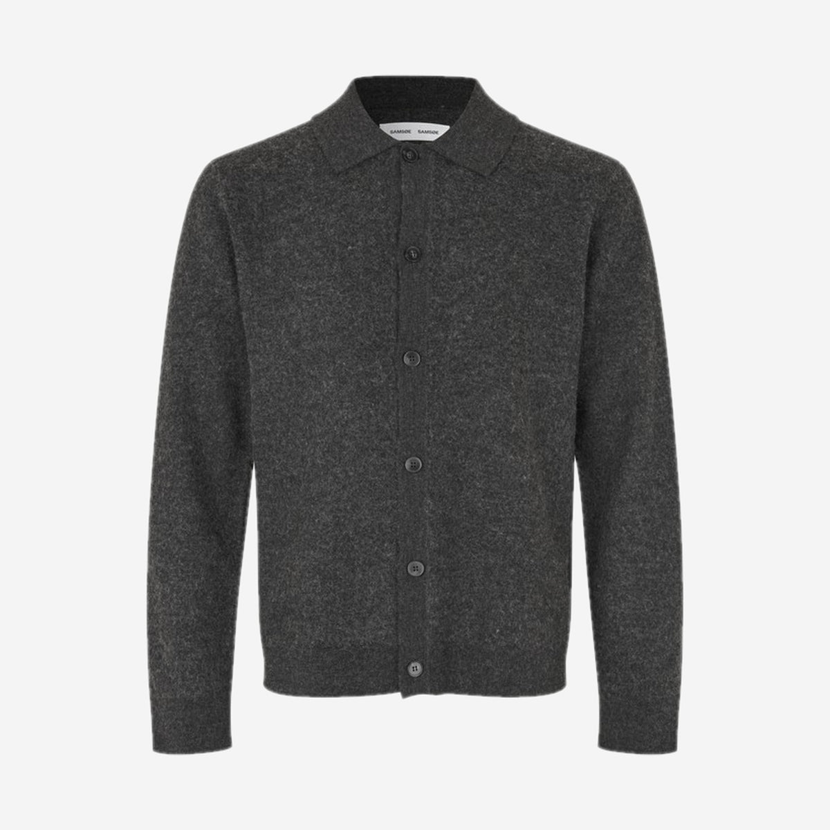 Cardigan Sarichard Dark Grey Mel. en laine mérinos, packshot de face, Samsøe Samsøe chez For The Week à Ajaccio