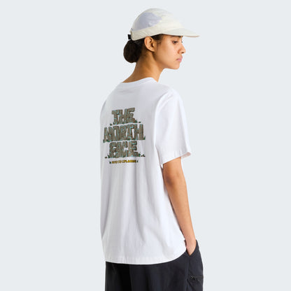 The North Face T-shirt Stone Logo Blanc, porté de dos, version femme, chez For The Week Ajaccio